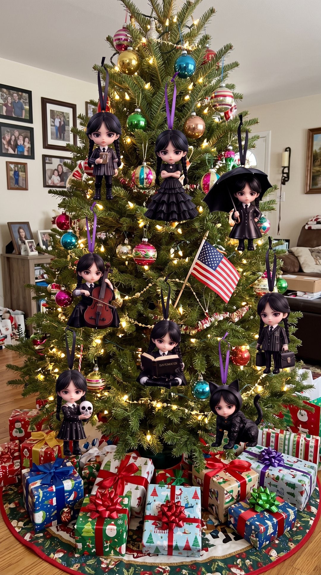 Gothic mini figures hanging as ornaments on a Christmas tree